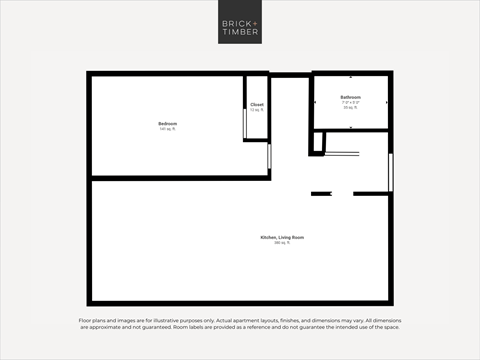 Floor plan for 1 bed, 1 bath, 583 sqft